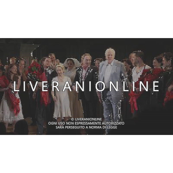 Rachel Potter, Michael Cerveris, Elena Roger, Andrew Lloyd Webber, Tim Rice, Ricky Martin \' Max Von Essen with the Company during the Broadway Opening Night Performance Curtain Call for \'EVITA\' at the Marquis Theatre in New York City on 4/5/2012 ©photoshotI/Agenzia Aldo Liverani Sas - ITALY ONLY - Il Musical \'Evita\' spettacolo teatrale in scena al Marquis Theatre di New York