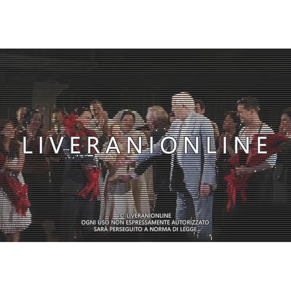 Rachel Potter, Michael Cerveris, Elena Roger, Andrew Lloyd Webber, Tim Rice, Ricky Martin \' Max Von Essen with the Company during the Broadway Opening Night Performance Curtain Call for \'EVITA\' at the Marquis Theatre in New York City on 4/5/2012 ©photoshotI/Agenzia Aldo Liverani Sas - ITALY ONLY - Il Musical \'Evita\' spettacolo teatrale in scena al Marquis Theatre di New York