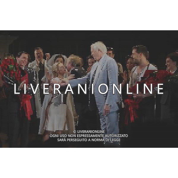 Michael Cerveris, Elena Roger, Andrew Lloyd Webber, Tim Rice, Ricky Martin \' Max Von Essen with the Company during the Broadway Opening Night Performance Curtain Call for \'EVITA\' at the Marquis Theatre in New York City on 4/5/2012 ©photoshotI/Agenzia Aldo Liverani Sas - ITALY ONLY - Il Musical \'Evita\' spettacolo teatrale in scena al Marquis Theatre di New York