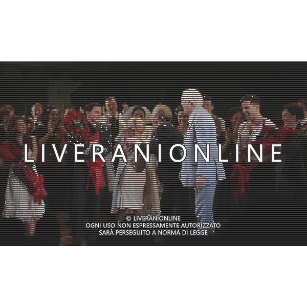 Rachel Potter, Michael Cerveris, Elena Roger, Andrew Lloyd Webber, Tim Rice \' Ricky Martin with the Company during the Broadway Opening Night Performance Curtain Call for \'EVITA\' at the Marquis Theatre in New York City on 4/5/2012 ©photoshotI/Agenzia Aldo Liverani Sas - ITALY ONLY - Il Musical \'Evita\' spettacolo teatrale in scena al Marquis Theatre di New York