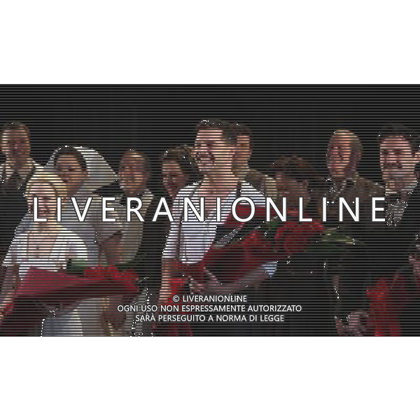 Elena Roger, Ricky Martin \' Max Von Essen with the Company during the Broadway Opening Night Performance Curtain Call for \'EVITA\' at the Marquis Theatre in New York City on 4/5/2012 ©photoshotI/Agenzia Aldo Liverani Sas - ITALY ONLY - Il Musical \'Evita\' spettacolo teatrale in scena al Marquis Theatre di New York