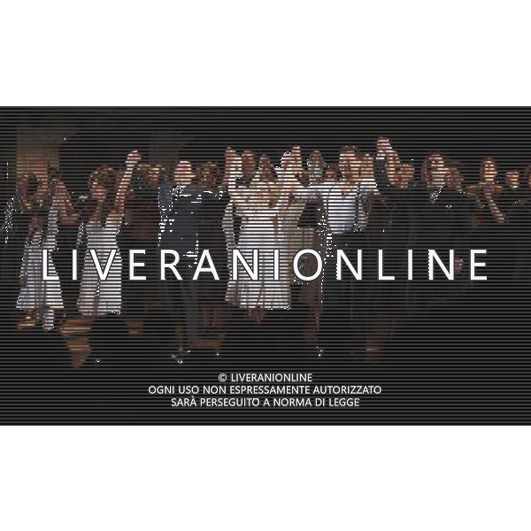 Rachel Potter, Michael Cerveris, Elena Roger, Andrew Lloyd Webber, Tim Rice \' Ricky Martin with the Company during the Broadway Opening Night Performance Curtain Call for \'EVITA\' at the Marquis Theatre in New York City on 4/5/2012 ©photoshotI/Agenzia Aldo Liverani Sas - ITALY ONLY - Il Musical \'Evita\' spettacolo teatrale in scena al Marquis Theatre di New York