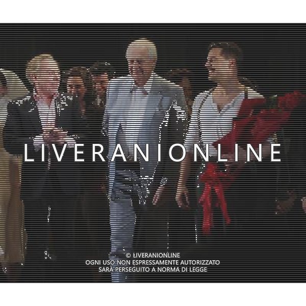 Andrew Lloyd Webber, Tim Rice \' Ricky Martin with the Company during the Broadway Opening Night Performance Curtain Call for \'EVITA\' at the Marquis Theatre in New York City on 4/5/2012 ©photoshotI/Agenzia Aldo Liverani Sas - ITALY ONLY - Il Musical \'Evita\' spettacolo teatrale in scena al Marquis Theatre di New York