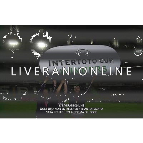 WOLFSBURG (GERMANIA) 26/08/2003 FINALE DI RITORNO INTERTOTO 2003 WOLFSBURG-PERUGIA NELLA FOTO:BULLETTI PALAZZI E BOTRHOYD FESTEGGIANO CON IL CARTELLONE* FOTO 1905/ROBERTO SETTONCE/ALDO LIVERANI S.A.S.