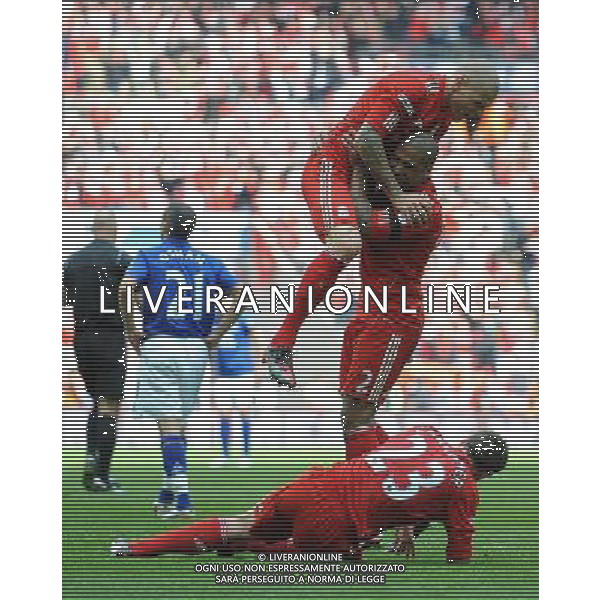 Liverpool\'s Martin Skrtel celebrates victory over Everton with team-mate Glen Johnson Football - FA Challenge Cup Semi Final - Liverpool v Everton - Saturday 14th April 2012 - Wembley - London å© CameraSport - 43 Linden Ave. Countesthorpe. Leicester. England. LE8 5PG - Tel: +44 (0) 116 277 4147 - admin@camerasport.com - www.camerasport.com AG ALDO LIVERANI S A S ONLY ITALY