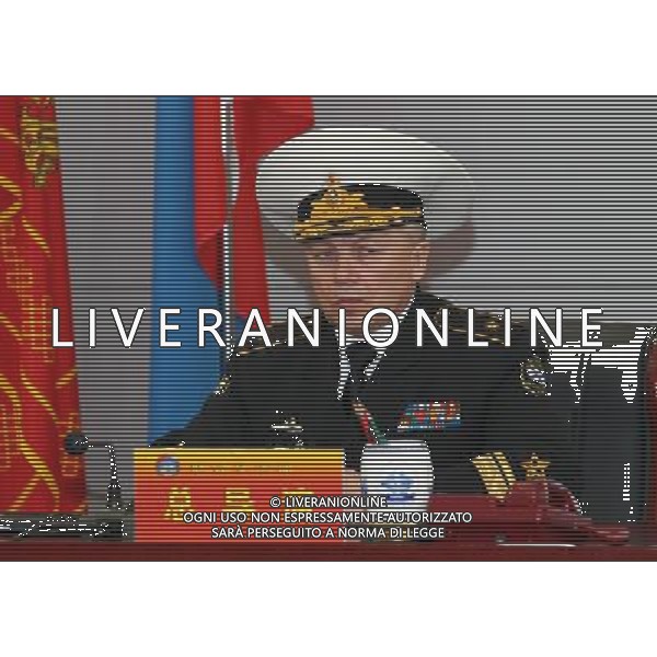 (120422) -- QINGDAO, April 22, 2012 () -- Rear Admiral Leonid Sukhanov, Russian naval deputy chief of staff, attends the starting ceremony of the joint exercise with the Navy of the Chinese People\'s Liberation Army in Qingdao, east China\'s Shandong Province, April 22, 2012. The Russia-China joint naval exercise, scheduled to be held from April 22 to 27 in the Yellow Sea of the Pacific Ocean, officially started on Sunday morning. The drill involves a total of 16 vessels and two submarines from the Chinese Navy and four warships from the Russian Navy\'s Pacific Fleet as well as three supply ships. The exercise will focus on joint maritime air defense and defense of marine traffic arteries, including subjects of joint escort, maritime search and rescue, anti-submarine tactics as well as joint effort to rescue hijacked vessels. (/Zha Chunming) (lfj) ©photoshot/AG ALDO LIVERANI SAS - ITALY ONLY -