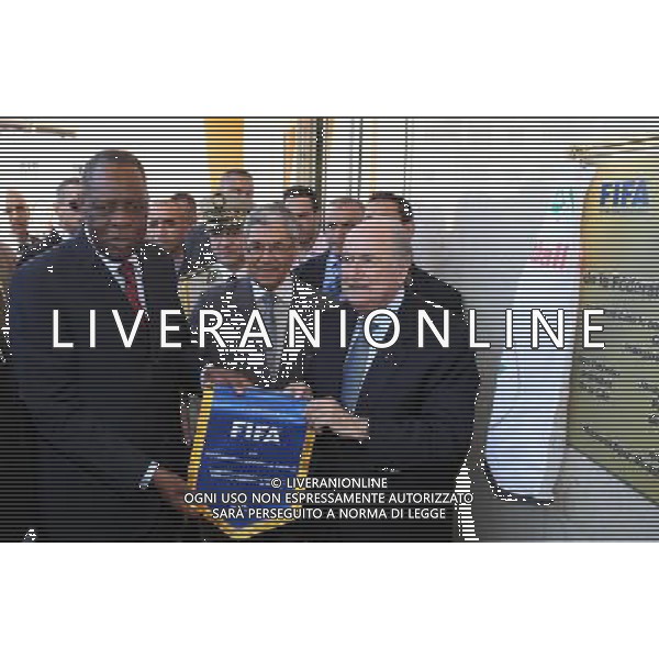 (120501) -- ALGIERS, May 1, 2012 () -- FIFA President Joseph Sepp Blatter (R, Front) and African Football Confederation (CAF) President Issa Hayatou (L, Front) inaugurate the new headquarters of the Algerian Football Association (FAF) in Dely Brahim, in Algiers, Algeria. Mr Blatter arrived in Algiers on Monday to conduct a two-day visit at the invitation of Algerian Football Federation (FAF). (/Mohamed Kadri) AG ALDO LIVERANI S A S ONLY ITALY
