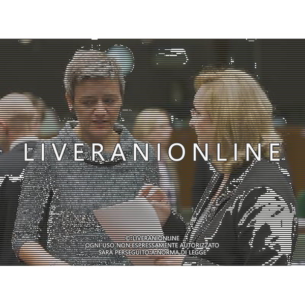 (120515) -- BRUSSELS, May. 15, 2012 () -- Danish Economy Minister Margrethe Vestager (L) talks with Austrian Finance Minister Maria Fekter during EU Finance Ministers meeting at EU\'s headquarters in Brussels, capital of Belgium, May. 15, 2012. Eurogroup head late Monday strongly refuted the talk of Greece leaving the euro area and hinted at the possibility of softening some of the terms in the bailout program if the country reaffirms its commitments to the rescue plan.(/Thierry Monasse) (yt) ©photoshot/AGENZIA ALDO LIVERANI SAS - ITALY ONLY - Riunione dei ministri delle Finanze dell\'Unione europea presso la sede dell\'Unione europea a Bruxelles, capitale del Belgio, 15 maggio 2012.