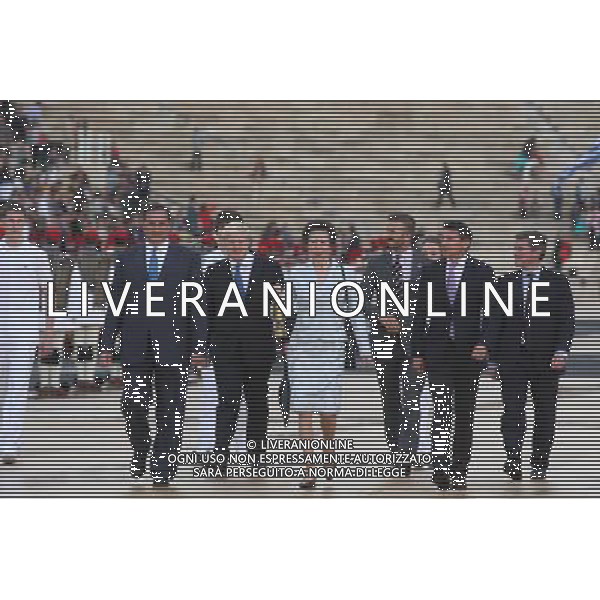 (left to right) Spyros Capralos, Boris Johnson, The Princess Royal, David Beckham, Lord Coe and Hugh Robertson during the official handover ceremony of the olympic flame at the Panathenaic Stadium, home of the 1896 Athens Games. The flame will be transferred to Lands End where three-time Olympic sailing champion Ben Ainslie will be the first torchbearer in the final 70-day relay to the start of the Games. /ALDO LIVERANI SAS-ITALY ONLY - EDITORIAL USE ONLY