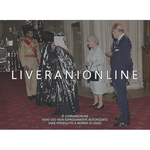 Her Majesty The Queen, accompanied by His Royal Highness The Duke of Edinburgh, gave a lunch at Windsor Castle for Sovereign Monarchs to commemorate her Diamond Jubilee. The Queen and The Duke of Edinburgh greeted their guests inside the Grand Vestibule, before joining them at a pre-lunch reception..THE KING OF BAHRAIN AND PRINCESS SABEEKA . ©photoshot/Agenzia Aldo Liverani Sas - ITALY ONLY - REALI INGLESI: La regina d\'inghilterra incontra Re e regine, sovrani e capi di stato di 26 paesi stranieri al Castello di Windsor per un pranzo di celebrazione del Giubileo di diamante a Londra