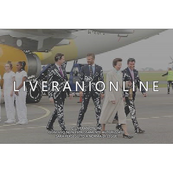 Nick Clegg (left), David Beckham (second left), Princess Anne (second right) and Lord Coe (right) during the ceremony to mark the arrival of the Olympic flame, at RNAS Culdrose, Cornwall. ©photoshot/Agenzia Aldo Liverani Sas - ITALY ONLY - Arrivo dell\'aereo che ha trasportato la fiamma olimpica delle Olimpiadi di londra 2012, fino alla base aerea RNAS Culdrose in Cornovaglia, Gran Bretagna, 18 maggio 2012 