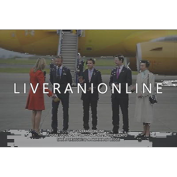 David Beckham (second left), Lord Coe (centre), Nick Clegg (second right) and Princess Anne (right) during the ceremony to mark the arrival of the Olympic flame, at RNAS Culdrose, Cornwall. ©photoshot/Agenzia Aldo Liverani Sas - ITALY ONLY - Arrivo dell\'aereo che ha trasportato la fiamma olimpica delle Olimpiadi di londra 2012, fino alla base aerea RNAS Culdrose in Cornovaglia, Gran Bretagna, 18 maggio 2012 
