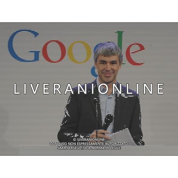 Google CEO Larry Page holds a press annoucement at Google headquarters in New York on May 21, 2012. Google announced that it will allocate 22,000 square feet of its New York headquarters to CornellNYC Tech university, free of charge for five years and six month or until the university completes its campus in New York. ©photoshot/AGENZIA ALDO LIVERANI SAS - ITALY ONLY - Comunicato stampa al quartier generale di Google a New York il 21 maggio 2012. Google ha annunciato che stanziera\' 22.000 metri quadrati della sua sede di New York per CornellNYC Tech University, a titolo gratuito per cinque anni e sei mesi o fino al completamento del campus universitario a New York.