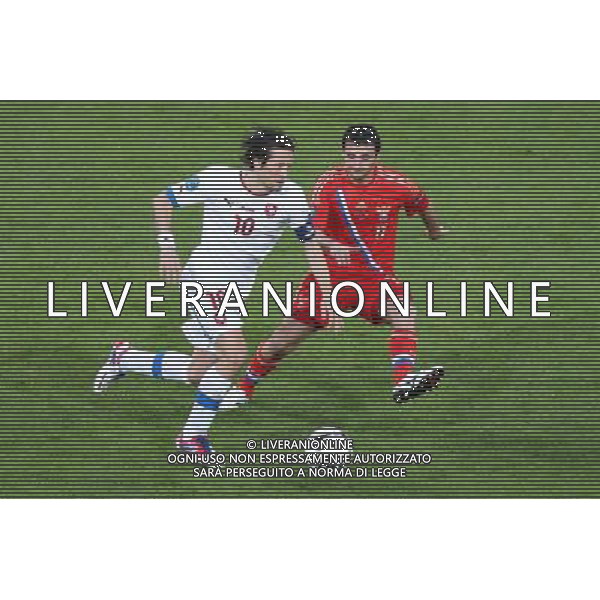 WROCLAW 08.06.2012 N/Z: TOMAS ROSICKY (CZE) ALAN DZAGOJEW (RUS) CZECHY - ROSJA MISTRZOSTWA EUROPY W PILCE NOZNEJ GRUPA A FAZA GRUPOWA PILKA NOZNA UEFA EURO 2012 CZECH REPUBLIC - RUSSIA UEFA EUROPEAN FOOTBALL CHAMPIONSHIP GROUP STAGE GROUP A FOOTBALL SOCCER UEFA EURO 2012 TSCHECHIEN - RUSSLAND UEFA FUSSBALL EUROPAMEISTERSCHAFT GRUPPE A FUSSBAL EURO 2012 BRESLAU MACIEJ OPALA / NEWSPIX.PL --- Newspix.pl /Agenzia Aldo Liverani Sas - ITALY ONLY - Russia - Repubblica Ceca Campionati Europei UEFA 2012 Polonia/Ucraina Gruppo A Wroclaw (Polonia) 08/06/2012 *** Local Caption *** www.newspix.pl mail us: info@newspix.pl call us: 0048 022 23 22 222 --- Polish Picture Agency by Ringier Axel Springer Poland