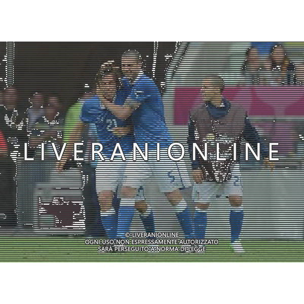 (120611) -- GDANSK, June 11, 2012 () -- Andrea Pirlo (L) and Thiago Motta (C) of Italy celebrate after Antonio Di Natale\'s goal during the Group C match against Spain at the Euro 2012 football championships in Gdansk, Poland, June 10, 2012. The match ended in a 1-1 draw. (/Liu Lihang) (jyc) AG ALDO LIVERANI S A S ONLY ITALY