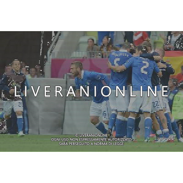 (120611) -- GDANSK, June 11, 2012 () -- Players of Italy celebrate after scoring during the Group C match against Spain at the Euro 2012 football championships in Gdansk, Poland, June 10, 2012. The match ended in a 1-1 draw. (/Liu Lihang) (jyc) AG ALDO LIVERANI S A S ONLY ITALY