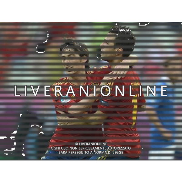 (120611) -- GDANSK, June 11, 2012 () -- Cesc Fabregas (R) of Spain celebrates after scoring with his teammate David Silva during the Group C match against Italy at the Euro 2012 football championships in Gdansk, Poland, June 10, 2012. The match ended in a 1-1 draw. (/Liu Lihang) (jyc) AG ALDO LIVERANI S A S ONLY ITALY