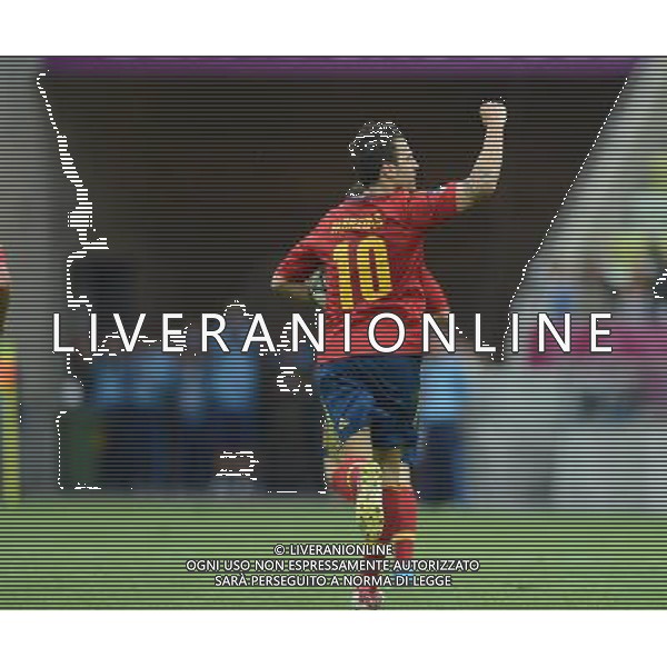 (120611) -- GDANSK, June 11, 2012 () -- Cesc Fabregas of Spain celebrates after scoring during the Group C match against Italy at the Euro 2012 football championships in Gdansk, Poland, June 10, 2012. The match ended in a 1-1 draw. (/Liu Lihang) (jyc) AG ALDO LIVERANI S A S ONLY ITALY