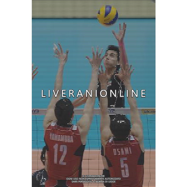 (120610) -- TOKYO, June 10, 2012 () -- Iran\'s Farhad Ghaemi (top) spikes during the men\'s volleyball qualifying tournament match against Japan for the London 2012 Olympics in Tokyo, Japan, on June 10, 2012. Iran won 3-0. (/Kenichiro Seki) AG ALDO LIVERANI S A S ONLY ITALY