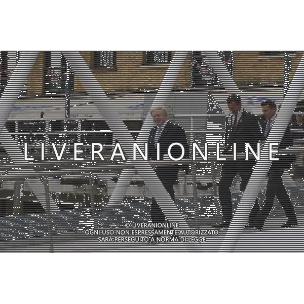 Mayor of London Boris Johnson (L) Lord Sebastian Coe, The Chair of the London Organising Committee of the Olympic Games and British Culture Secretary (R)Jeremy Hunt (C), arrive as a giant set of Olympic rings are displayed from Tower Bridge on June 27, 2012 in London, England. The rings weigh over three tonnes and measure over 25 metres wide by 11.5 metres tall; they will be illuminated in a light-show every evening during the Games. photoshot/AG ALDO LIVERANI SA - ITALY ONLY - *** Local Caption *** .