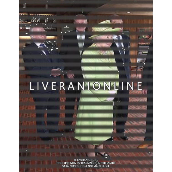 Queen Elizabeth II and the Duke of Edinburgh with President Michael D. Higgins (left) and Northern Ireland Deputy First Minister Martin McGuinness (centre) during a visit to the Lyric Theatre in Belfast. ©PHOTOSHOT/AG ALDO LIVERANI SAS - ITALY ONLY - 