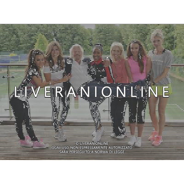 Chelsee Healey, Zoe Hardman, Richard Branson, Angelica Bell, Lydia Bright, Michelle Heaton and Nell McAndrew at a photocall to reveal Richard Branson\'s celebrity team taking part in this year\'s Virgin Active London Triathlon at Virgin Active Chiswick Riverside on July 3, 2012 in London, England. /PHOTOSHOT/AG ALDO LIVERANI - ITALY ONLY -