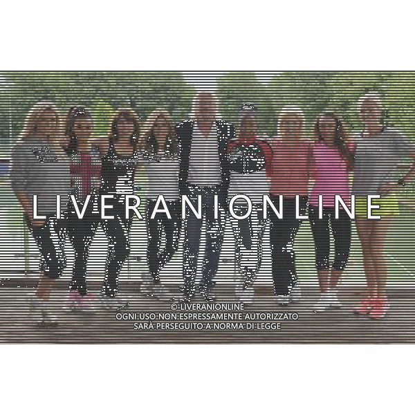 Nicola McClean, Chelsee Healey, Kay Burley, Zoe Hardman, Richard Branson, Angelica Bell, Lydia Bright, Michelle Heaton and Nell McAndrew at a photocall to reveal Richard Branson\'s celebrity team taking part in this year\'s Virgin Active London Triathlon at Virgin Active Chiswick Riverside on July 3, 2012 in London, England. /PHOTOSHOT/AG ALDO LIVERANI - ITALY ONLY -