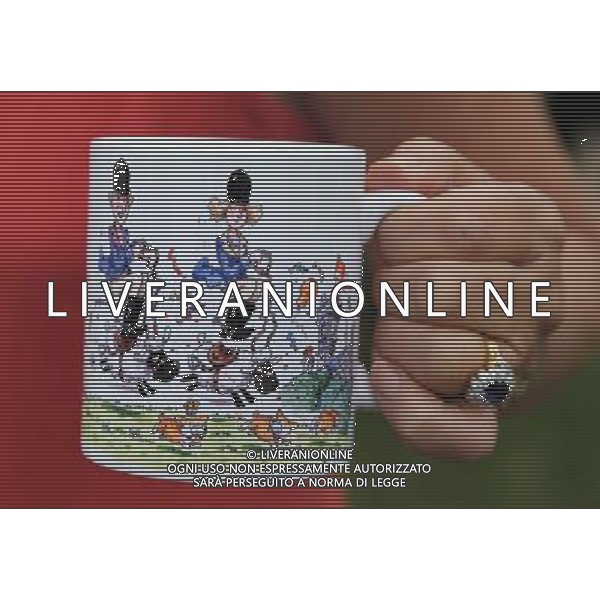 SARK, UNITED KINGDOM - JULY 20: A lady called \'Puffin\' shows her commemorative mug she presented to Prince Charles, Prince of Wales and Camilla, Duchess of Cornwall on the Island of Sark on July 20, 2012 in Sark, United Kingdom. The Prince of Wales and the Duchess of Cornwall are in Sark as part of a Diamond Jubilee visit to the Channel Islands taking in Jersey, Guernsey and Sark ©photoshot/Agenzia Aldo Liverani Sas - ITALY ONLY - REALI INGLESI: Il principe Carlo d\'inghilterra e la moglie Camilla in visita alle Isole Normanne.