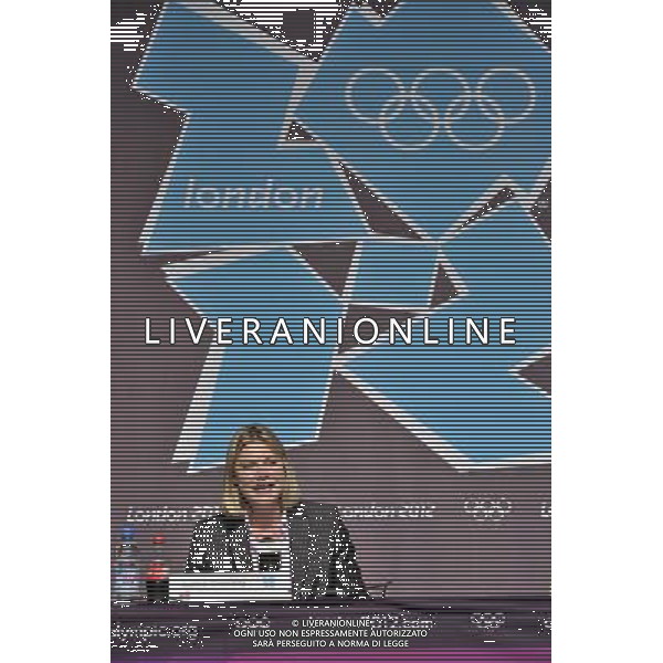 Justine Greening MP Transport Secretary at a media briefing held inthe Media Press Centre at the Olympic Park, Stratford.. London ©photoshot/Agenzia Aldo Liverani Sas - ITALY ONLY - Allenamenti, preparativi dei Giochi Olimpici delle Olimpiadi Londra 2012, a Londra, Gran Bretagna, 24 luglio 2012 che inizieranno il 27 luglio.