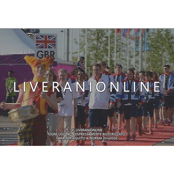 (120724) -- LONDON, July 24, 2012 () -- The British delegation to the 2012 London Olympic Games holds flag-raising ceremony at the Olympic Village in London, Britain, July 24, 2012. (/Yang Lei) ©photoshot/Agenzia Aldo Liverani Sas - ITALY ONLY - Allenamenti, preparativi dei Giochi Olimpici delle Olimpiadi Londra 2012, a Londra, Gran Bretagna, 24 luglio 2012 che inizieranno il 27 luglio.
