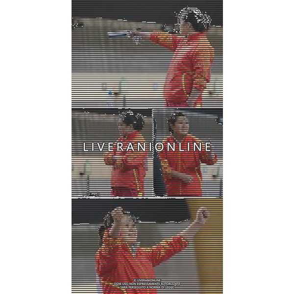 (120729) -- LONDON, July 29, 2012 () -- The combo photo taken on July 29, 2012 shows Guo Wenjun of China shooting and celebrating during the women\'s 10m air pistol final at the London 2012 Olympic Games in London, Britain, July 29, 2012. Guo Wenjun of China claimed the title in this event with 488.1. (/Yin Gang)(zgp) /ALDO LIVERANI SAS-ITALY ONLY - EDITORIAL USE ONLY