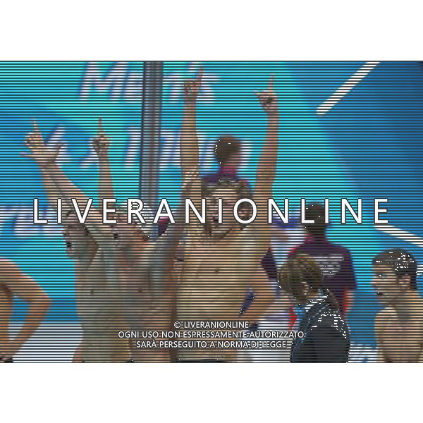 (120729) -- LONDON, July 29, 2012 () -- Members of the French team celebrate after winning in men\'s swimming 4x100m freestyle relay final contest, at London 2012 Olympic Games in London, Britain, on July 29, 2012. The French team won gold medal. (/Fan Jun) (nxl) /ALDO LIVERANI SAS-ITALY ONLY - EDITORIAL USE ONLY