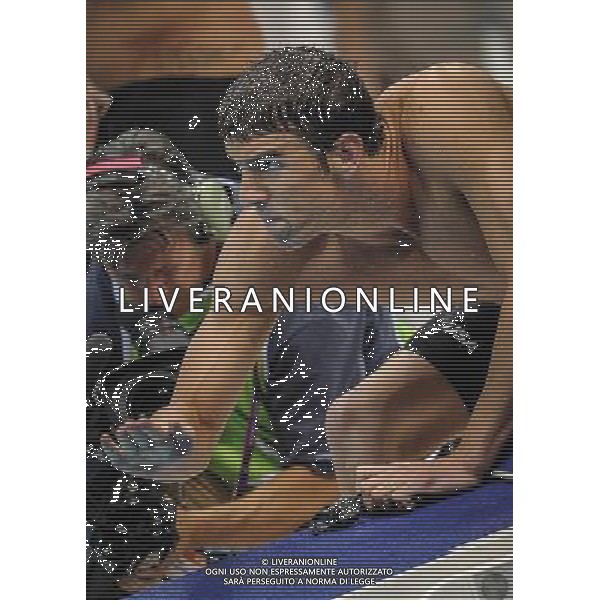 (120729) -- LONDON, July 29, 2012 () -- Michael Phelps of the United States team reacts during men\'s 4x100m freestlye relay contest, at London 2012 Olympic Games in London, Britain, on July 29, 2012. The U.S. team won silver medal. (/Liu Dawei) (nxl) /ALDO LIVERANI SAS-ITALY ONLY - EDITORIAL USE ONLY
