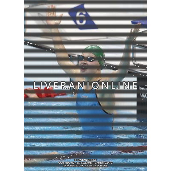 (120730) -- LONDON, July 30, 2012 () -- Gold medalist Ruta Meilutyte of Lithuania reacts after winning in women\'s swimming 100m breaststroke final contest, at London 2012 Olympic Games in London, Britain, on July 30, 2012. (/Fan Jun) (nxl) AG ALDO LIVERANI S A S ONLY ITALY