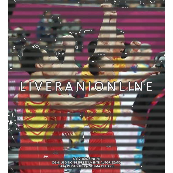 (120730) -- LONDON, July 30, 2012 () -- Chinese gymnasts celebrate after winning in Gymnastics Artistic men\'s team final contest, at London 2012 Olympic Games in London, Britain, on July 30, 2012. The Chinese team won gold medal. (/Wang Lili) (nxl) AG ALDO LIVERANI S A S ONLY ITALY