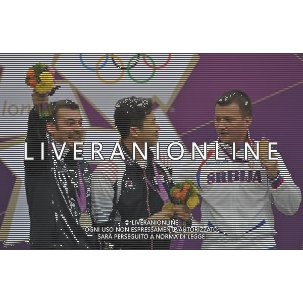 Londra, 28/07/2012. Olimpiadi London 2012. Luca Tesconi vince la medaglia d\' Argento nella pistola 10 metri. Nella foto sul podio con Jin Jongoh (KOR) e Zlatic Andrija (SRB) Foto di Simone Ferraro / GMT AG ALDO LIVERANI S A S