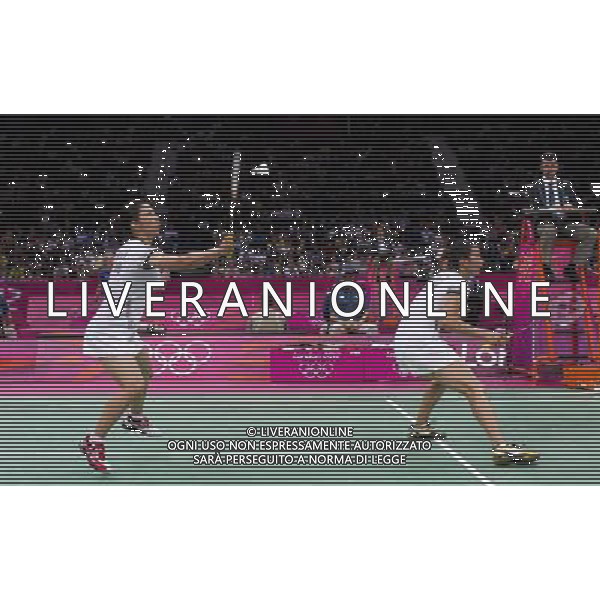 (120731) -- LONDON, July 31, 2012 () -- Cheng Wen Hsing/Chien Yu Chin of Chinese Taipei compete during women\'s badminton doubles preliminay match, at London 2012 Olympic Games in London, Britain, on July 31, 2012. Cheng Wen Hsing/Chien Yu Chin of Chinese Taipei lost to Jwala Gutta/Ashwini Ponnappa of Indonesia 1-2. (/Tang Shi) (nxl) ©photoshot/AGENZIA ALDO LIVERANI SAS - ITALY ONLY - Giochi Olimpici - Olimpiadi Londra 2012