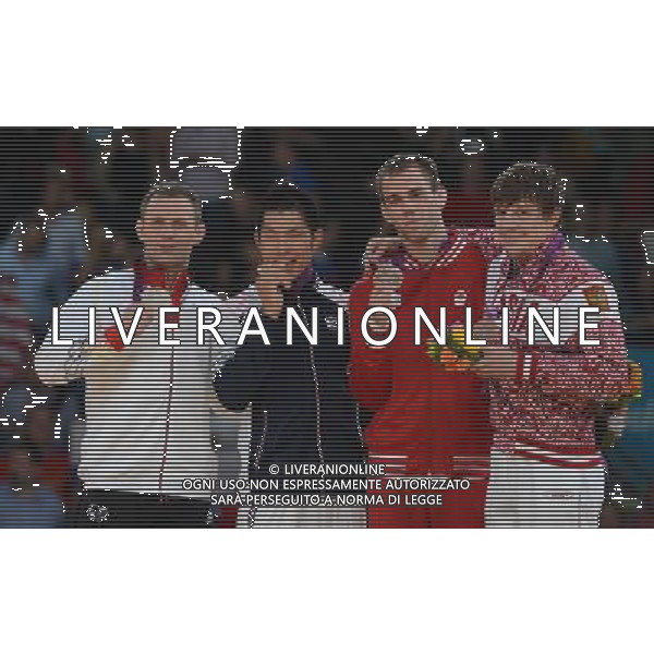 (120731) -- LONDON, July 31, 2012 () -- Gold medalist Kim Jae-Bum of South Korea (2nd L), silver medalist Ole Bischof of Germany (1st L) and bronze medalists Antoine Valois-Fortier of Canada (3rd L) and Ivan Nifontov of Russia attend victory ceremony of men\'s Judo 81kg competition, at London 2012 Olympic Games in London, Britain, on July 31, 2012. (/Wu Xiaoling) (nxl) /ALDO LIVERANI SAS-ITALY ONLY - EDITORIAL USE ONLY