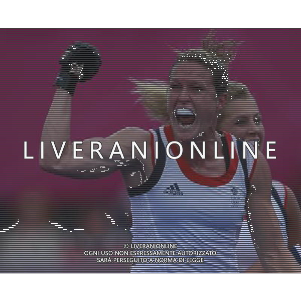 (120731) -- LONDON, July 31, 2012 () -- Crista Cullen (front) of Britain celebrates for a goal during the women\'s preliminary Pool WA match of hockey between Britain and South Korea at London 2012 Olympic Games, London, Britain, July 31, 2012. Britain won the match 5-3. (/Ren Zhenglai) /ALDO LIVERANI SAS-ITALY ONLY - EDITORIAL USE ONLY