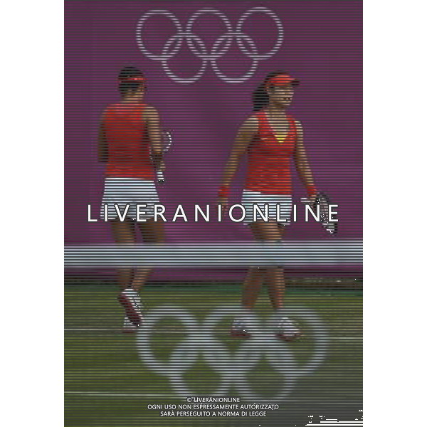(120731) -- LONDON, July 31, 2012 () -- Li Na (R) and Zhang Shuai of China take part in women\'s tennis doubles second round match, at London 2012 Olympic Games in London, Britain, on July 31, 2012. Li Na/Zhang Shuai of China lost to Andrea Hlavackova/Lucie Hradecka of Czech Republic 0-2. (/Tao Xiyi) (nxl) /ALDO LIVERANI SAS-ITALY ONLY - EDITORIAL USE ONLY