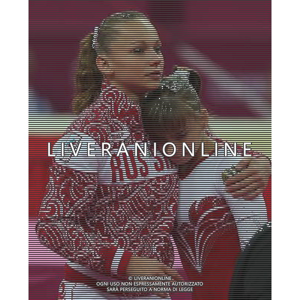 (120731) -- LONDON, July 31, 2012 () -- Kseniia Afanaseva (R) of Russia weeps during Gymnastics Artistic women\'s team final competition at London 2012 Olympic Games in London, Britain, July 31, 2012. The Russian team won silver medal in this event. (/Wang Lili) (zgp) /ALDO LIVERANI SAS-ITALY ONLY - EDITORIAL USE ONLY