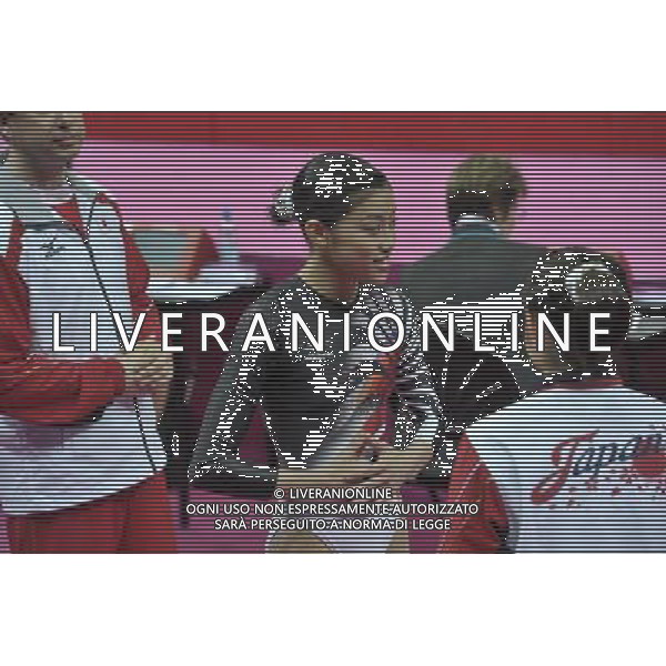 Japanese Gymnast Yuko Shintake seen after her beam routine during the Gymnastics Artistic Womens Team event at the O2 North Greenwich,. London ©PHOTOSHOT/AGENZIA ALDO LIVERANI SAS - ITALY ONLY - GIOCHI OLIMPICI, OLIMPIADI LONDRA 2012