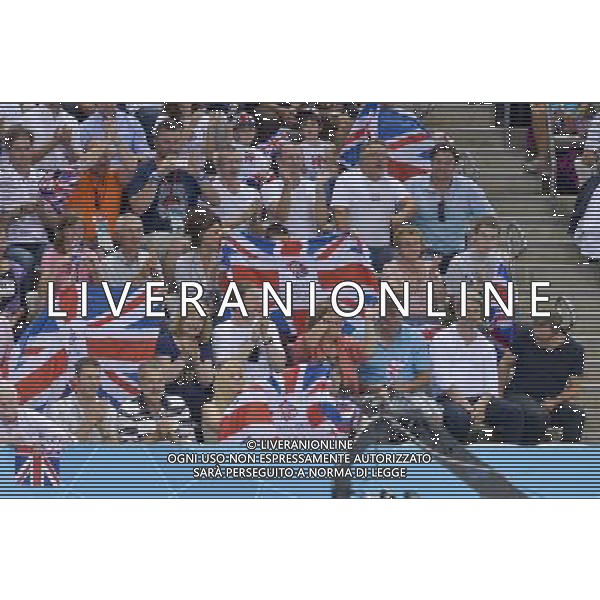 Fans show their support for their teams during the Men\'s Synchronised 3m Springboard at the Aquatics Centre, Olympic Park, Stratford . London /ALDO LIVERANI SAS-ITALY ONLY - EDITORIAL USE ONLY