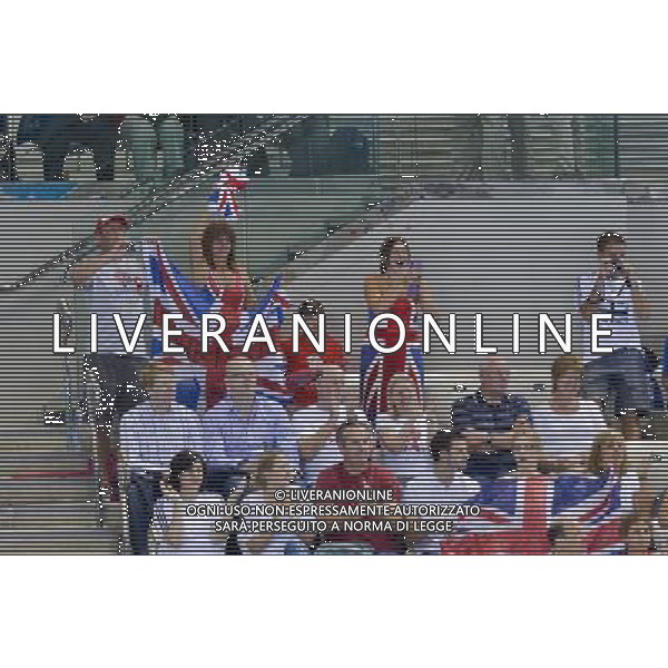 Fans show their support for their teams during the Men\'s Synchronised 3m Springboard at the Aquatics Centre, Olympic Park, Stratford . London /ALDO LIVERANI SAS-ITALY ONLY - EDITORIAL USE ONLY