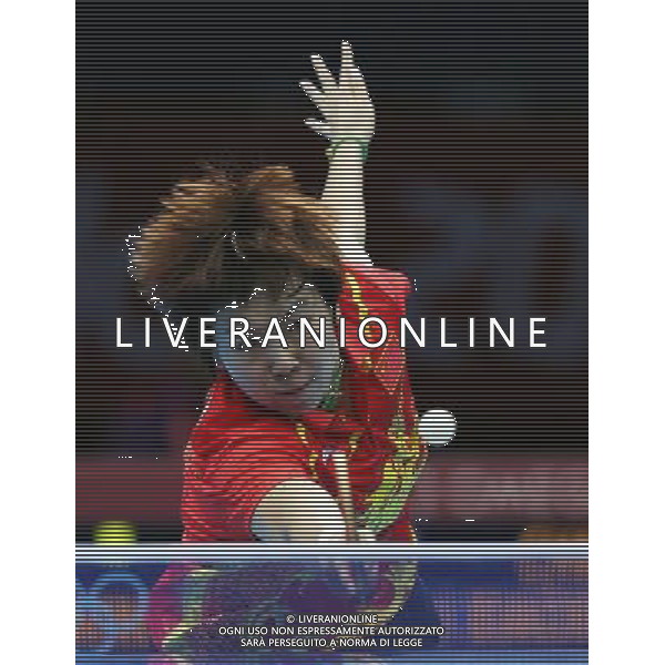 (120801) -- LONDON, Aug. 1, 2012 () -- Li Xiaoxia of China returns a ball during the gold medal match of women\'s singles table tennis against teammate Ding Ning at London 2012 Olympic Games, London, Britain, Aug. 1, 2012. (/Shen Bohan) /ALDO LIVERANI SAS-ITALY ONLY - EDITORIAL USE ONLY