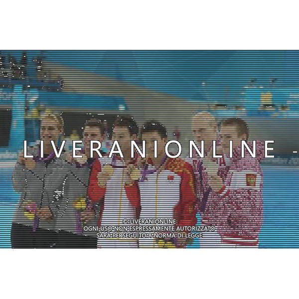 (120801) -- LONDON, Aug. 1, 2012 () -- Gold medalists Qin Kai (3rd L)/Luo Yutong (3rd R) of China, silver medalists Ilya Zakharov Evgeny Kuznetsov of Russia, and bronze medalists Kristian Ipsen/Troy Dumais of U.S. pose at the awarding ceremony of men\'s synchronised 3m springboard event at the London 2012 Olympic Games in London, Britain, Aug. 1, 2012. The Chinese divers claimed the title in this event. (/Fei Maohua)(zgp) /ALDO LIVERANI SAS-ITALY ONLY - EDITORIAL USE ONLY
