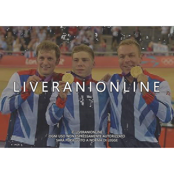 Men\'s Team Sprint Gold Medalists, Philip Hindes, Jason Kenny and Sir Chris Hoy 2012 London Olympics - Cycling Track - Day 6 - Thursday 2nd August 2012 - Velodrome - Olympic Park - London å© CameraSport - 43 Linden Ave. Countesthorpe. Leicester. England. LE8 5PG - Tel: +44 (0) 116 277 4147 - admin@camerasport.com - www.camerasport.com /AG ALDOLIVERANI SAS - ITALY ONLY 