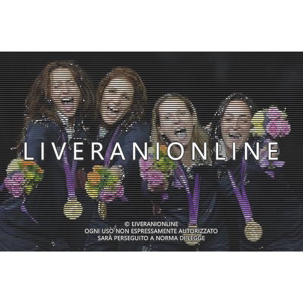 Londra, 02/08/2012. XXXÁ Giochi Olimpici di Londra- Vezzali, Di Francisca, Errigo e Salvatori vincono l\'oro nel fioretto a squadre nella foto: Vezzali, Di Francisca, Errigo e Salvatori Foto di Gabriele Forzano / GMT /AG ALDO LIVERANI SAS