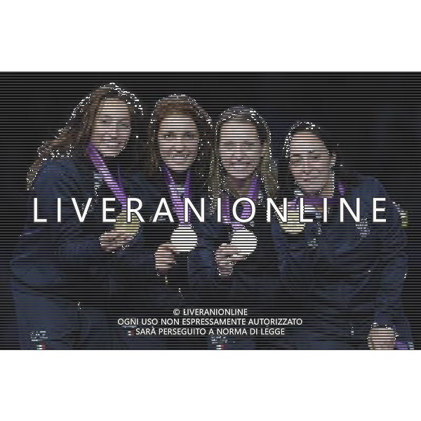 Londra, 02/08/2012. XXXÁ Giochi Olimpici di Londra- Vezzali, Di Francisca, Errigo e Salvatori vincono l\'oro nel fioretto a squadre nella foto: Vezzali, Di Francisca, Errigo e Salvatori Foto di Gabriele Forzano / GMT /AG ALDO LIVERANI SAS