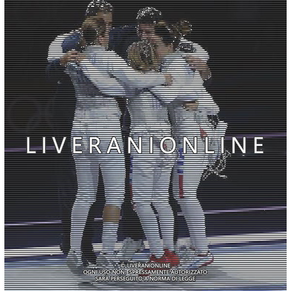 Londra, 02/08/2012. XXXÁ Giochi Olimpici di Londra- Vezzali, Di Francisca, Errigo e Salvatori vincono l\'oro nel fioretto a squadre nella foto: Vezzali, Di Francisca, Errigo e Salvatori Foto di Gabriele Forzano / GMT /AG ALDO LIVERANI SAS